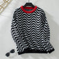 Women Clothing Autumn Winter Contrast Color Knitwear Chevron Wave Striped Sweater