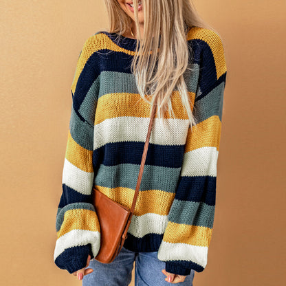 Winter Contrast Color Striped Stitching Sweater for Women Casual Drop Shoulder Long Sleeve Pullover for Women