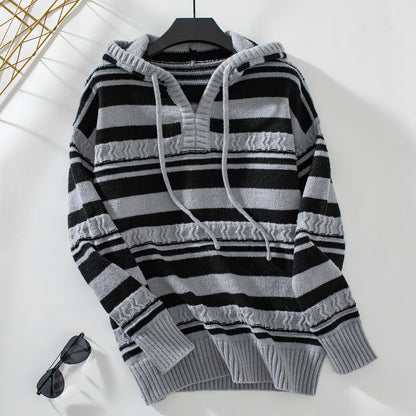 Autumn Winter Striped Women Sweater Pullover Hooded Drawstring Knitted Top Women