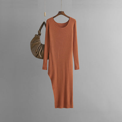 Knitted Dress Autumn Solid Color Slim Fit Slit Long Tight Bottoming Hip Dress