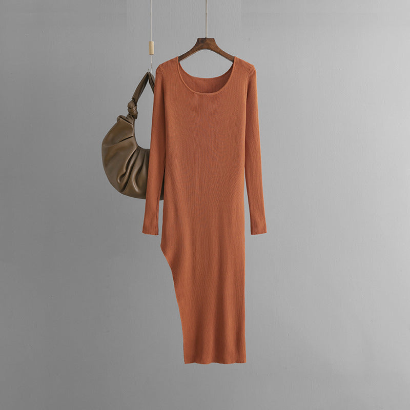 Knitted Dress Autumn Solid Color Slim Fit Slit Long Tight Bottoming Hip Dress