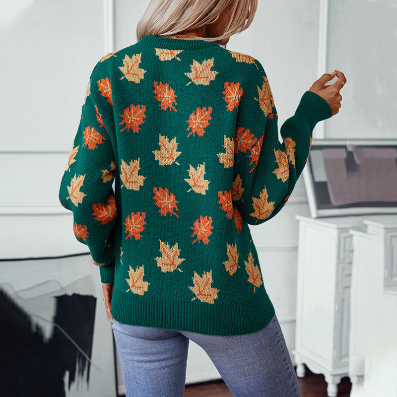 Autumn Winter Sweater Women Maple Leaf Pattern Jacquard Casual Pullover Sweater Women Clothing