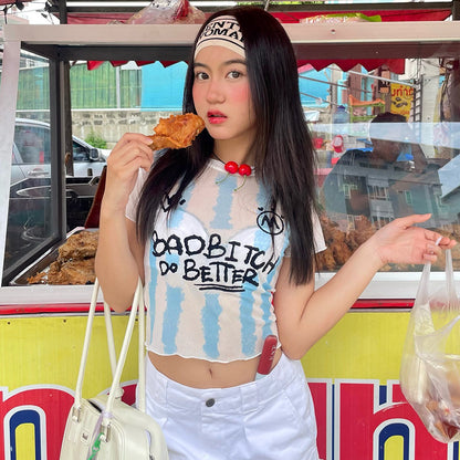 Sports Striped Letters Printed Slightly See through Cropped Outfit Cropped Short Top T shirt