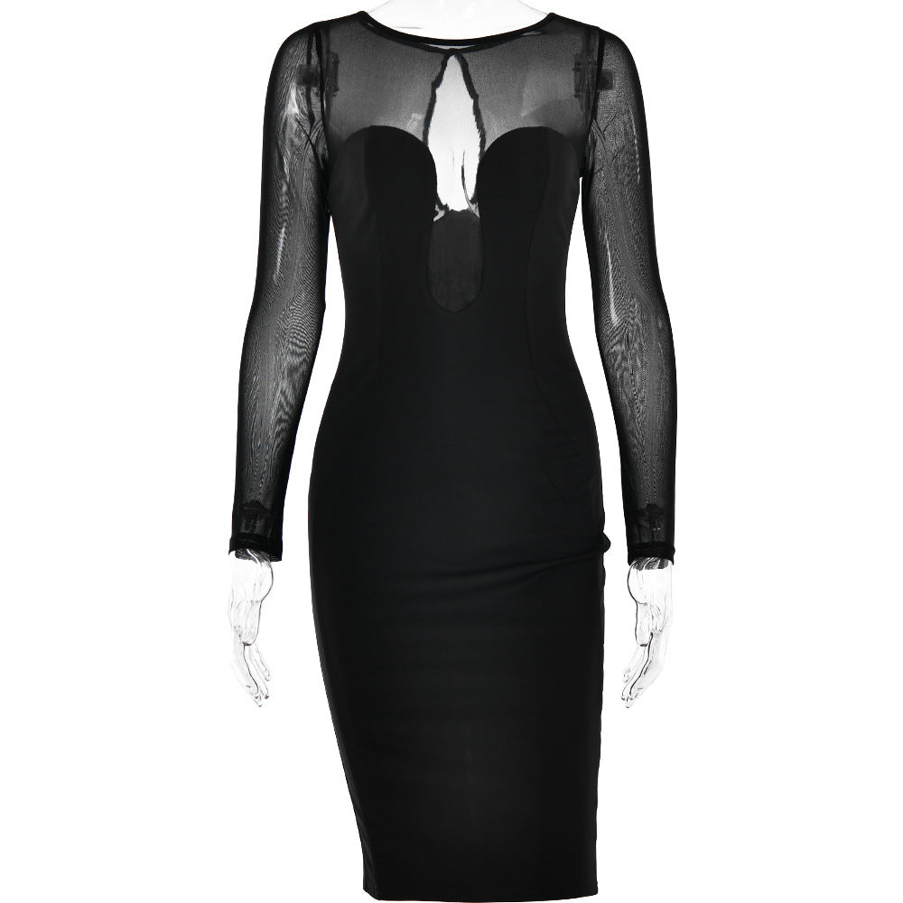 Autumn Winter Round Neck Long Sleeved Dress Sexy Sexy Night Club High Waist Tight Midi Dress Women