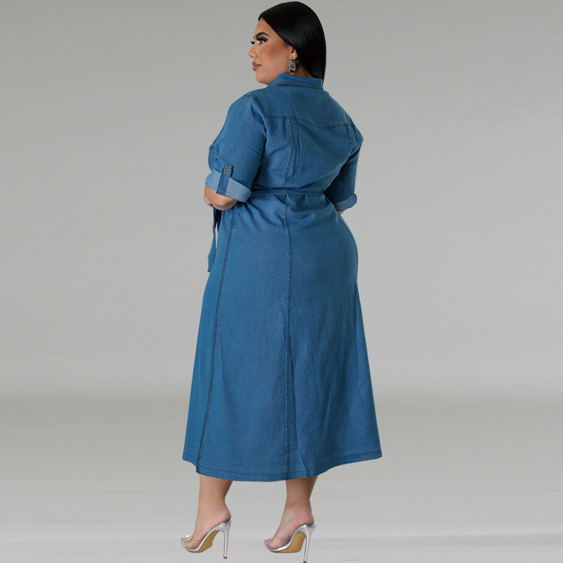 Plus Size Women Clothing Denim Collared Long Sleeve Tied Mid Length Dress