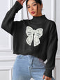 Women Short Top Clothing Turtleneck Pullover Bow Embroidery Patchwork Stitching Bottoming Shirt