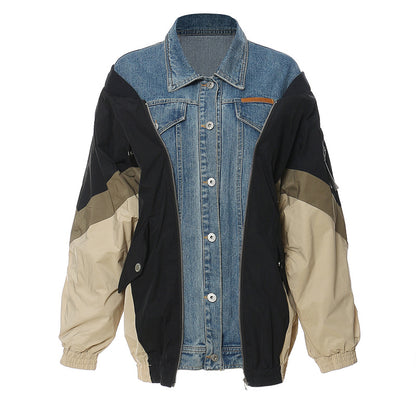 Autumn Personalized Minority Denim Stitching Contrast Color Loose Version Coat Baseball Top