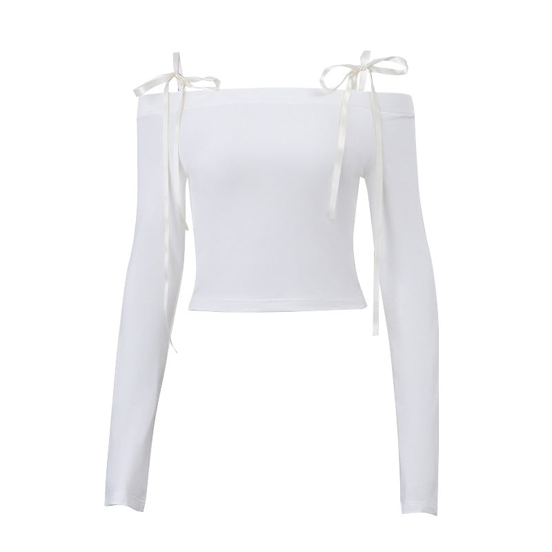 Fall Women Clothing Off Shoulder Lace Up Sexy Bare Cropped Slim Fit All Matching Long Sleeve Top