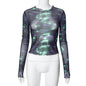 Water Wave Printed round Neck Pullover Mesh Long Sleeve Top Women Clothing