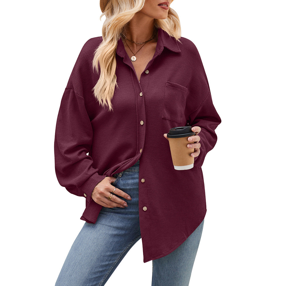 Women Autumn Winter Casual Loose Pockets Waffle Shirt