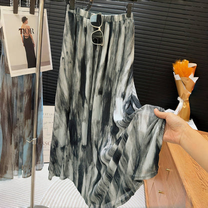 Retro Gradient Tie Dyed Skirt Women High Waist Slimming A Line Skirt Summer Drape Mid Length Skirt Niche Swing Skirt