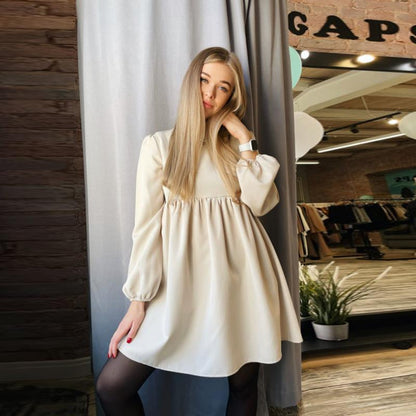 Spring Loose Comfortable High Waist Solid Color Stitching Small V-neck Elegant Slimming Dress Shirt A- line