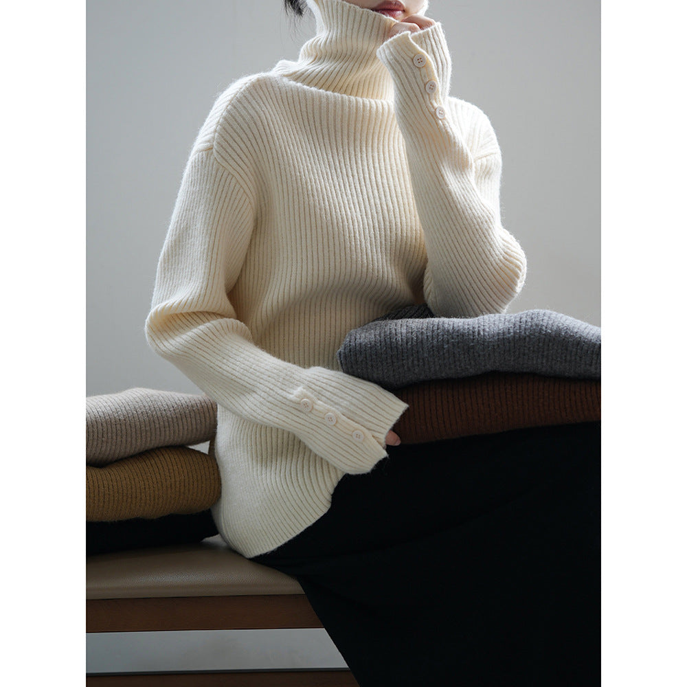 Soft Glutinous Turtleneck Sweater Women Winter Button Slim Knit Bottoming Shirt