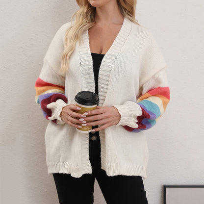 Women Wear Autumn Winter Solid Color Rainbow Stitching Loose Sweater Cardigan Knit Casual Coat Women Top