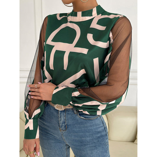 Spring Summer Geometric Abstract Printing Stitching Mesh round Neck Pullover Top