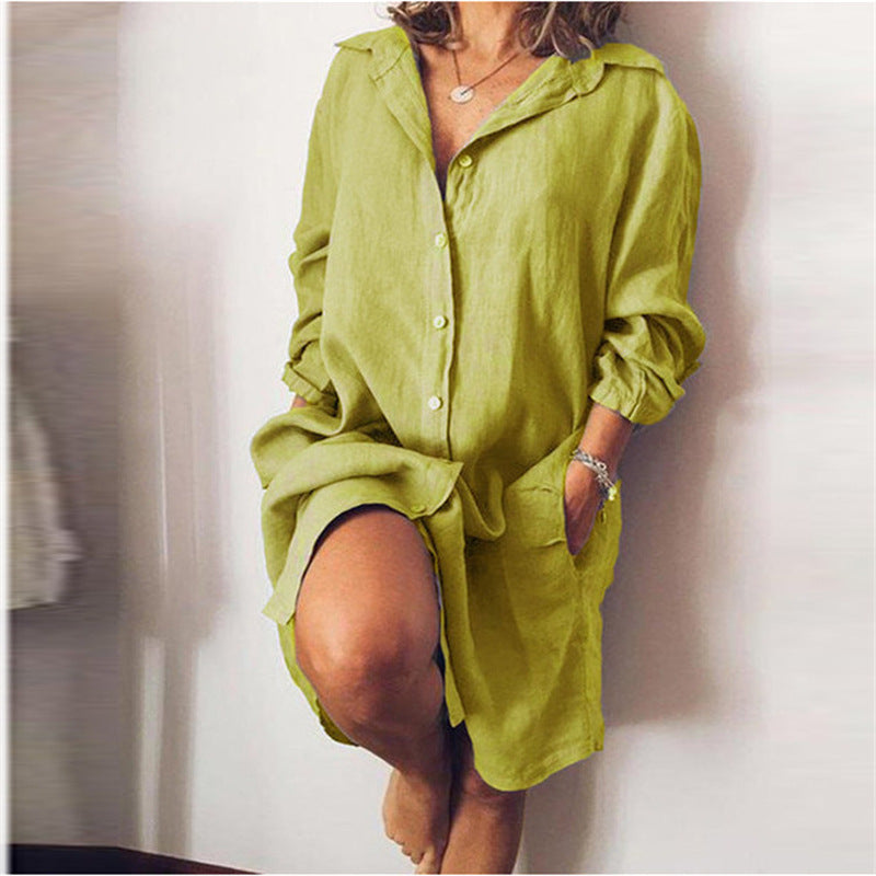 Fall Women Clothing Cotton Linen Mid-Length Long Sleeve Solid Color Cardigan Single-Breasted Shirt Dress
