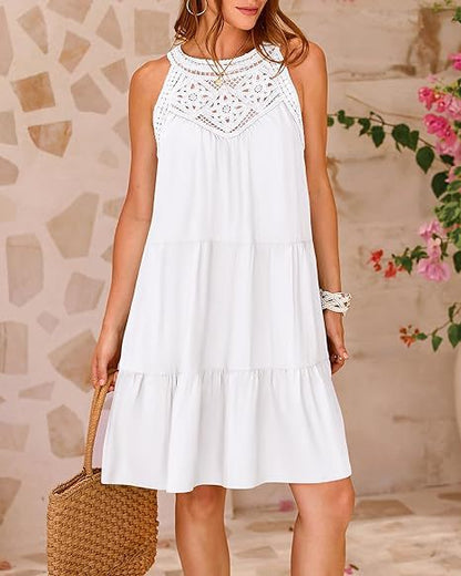 Women Clothing Popular Hollow Out Cutout Lace Stitching Halter A line Dress