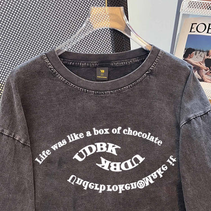 Letter Graphic Printing Washed Worn Long T Shirt Women Vintage Cotton All Match Round Neck Sweater Oversize