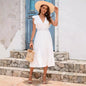 Summer Sweet Ruffled Waist Slimming Maxi Dress Holiday Dress Short Sleeve Lace V Neck White