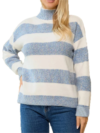 Women Half Turtleneck Pullover Long Sleeve Pearl Sweater Striped Contrast Color Chenille Top