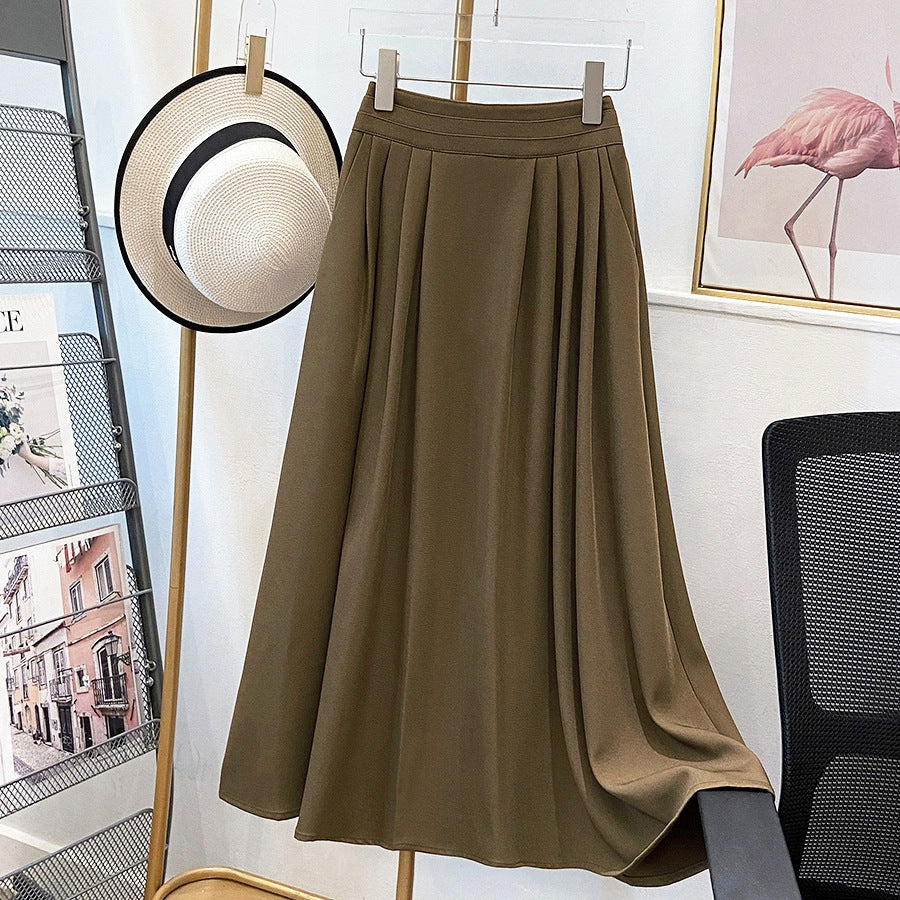 Women Skirt Autumn High Waist Slimming A Line Skirt Mid Length Pleated Umbrella Skirt