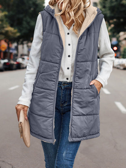 Simple Stitching Plush Double Sided Women Vest Hooded