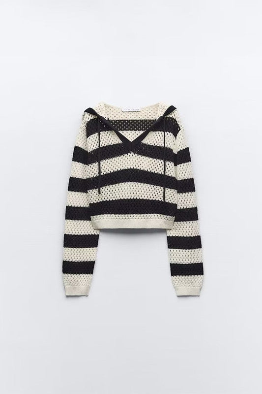 Early Autumn Retro Pullover V neck Loose Short Striped Hooded Sweater Top