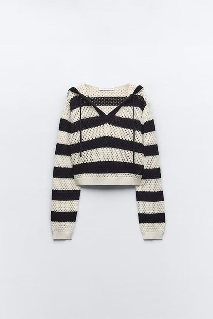 Early Autumn Retro Pullover V neck Loose Short Striped Hooded Sweater Top