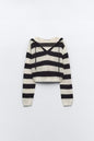 Early Autumn Retro Pullover V neck Loose Short Striped Hooded Sweater Top