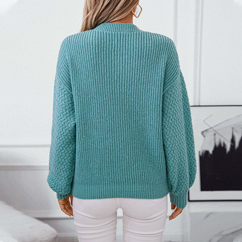 Solid Color Pocket Pullover Women Sweater Autumn Winter Casual round Neck Long Sleeve Sweater