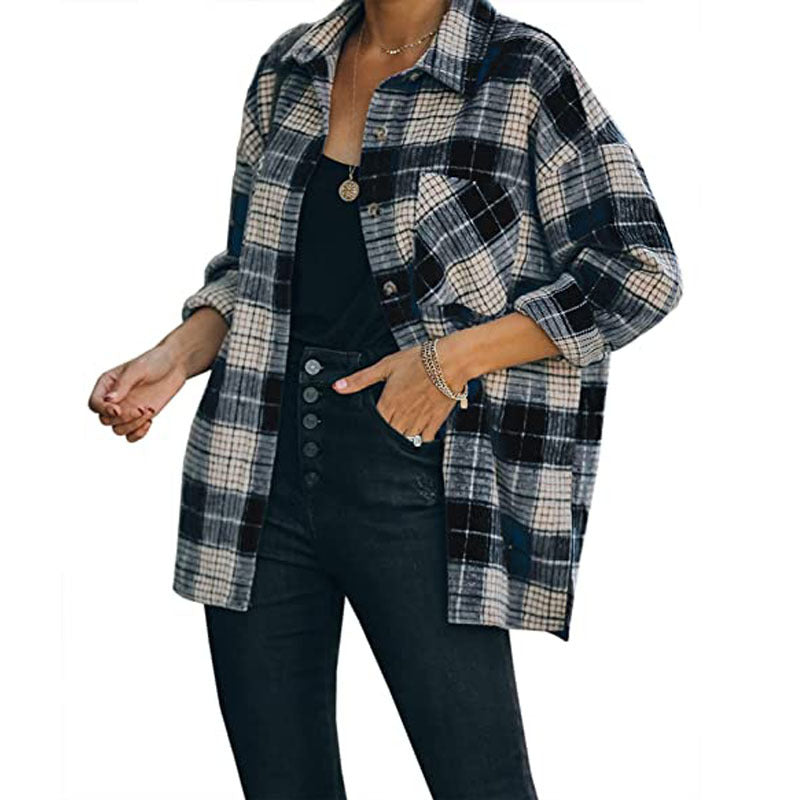 Plaid Shirt Women Mid-Length Long Sleeve Women Coat Plaid Shirt Top