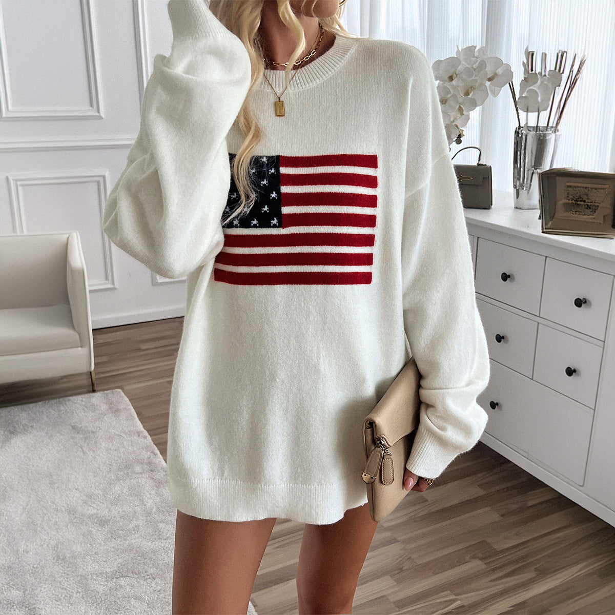 Autumn Winter Top Women Casual Loose Yarn Dyed Independence Day Long Sleeve Sweaters