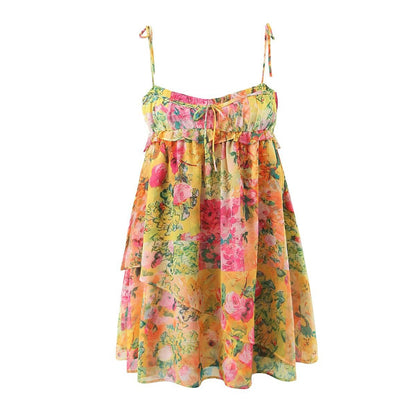 Early Spring Color Matching Floral Tie Neck Strap Dress Wooden Ear Dress