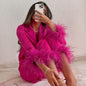Autumn Winter  Fashion  Ostrich Feather Pajamas Set Artificial Silk Loose Ladies Homewear
