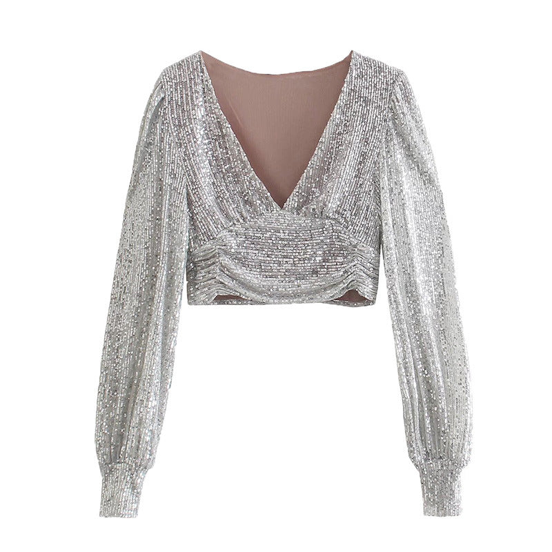 Women Clothing Party Puff Sleeve Sequined Blouse Long Sleeve Top