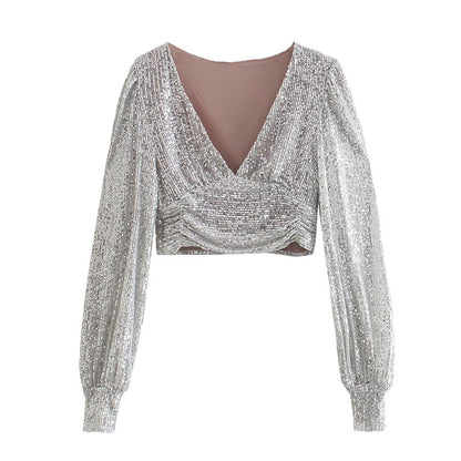 Women Clothing Party Puff Sleeve Sequined Blouse Long Sleeve Top