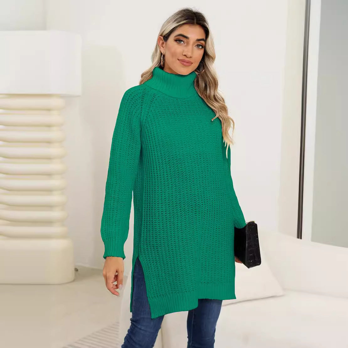 Women Base Shirt Women Clothing Autumn Winter Thickening Sweater Turtleneck Simple Split Dress