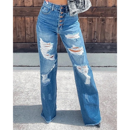 Ladies Jeans Ripped Casual Wide Leg Jeans Trousers Women Brand