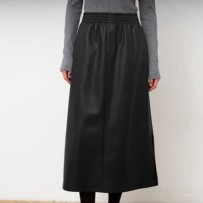 Fleece lined Matte Artificial Leather Sexy Slit A Swing Skirt Leather Skirt Fall Winter Long Skirt for Women