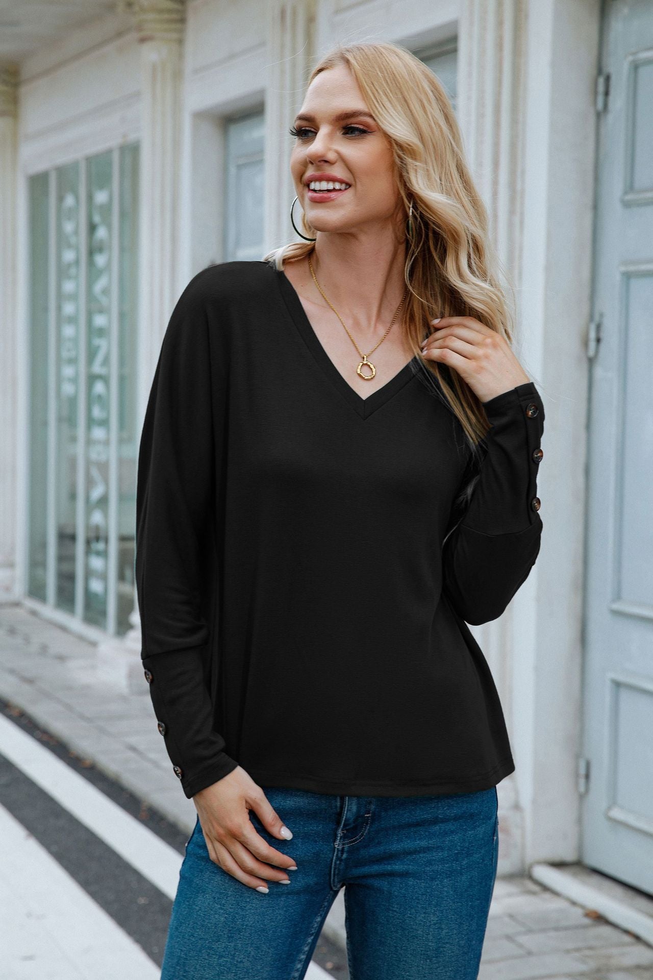 Women Clothing V neck Long Sleeved T shirt Solid Color Buttons Top