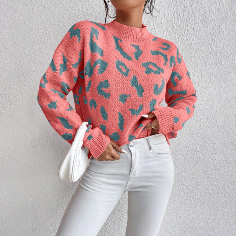 Women Clothing Sweater Pullover round Neck Sweater Spring Autumn Leopard Print Jacquard Top