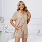 Spring Summer Solid Color V neck Loose Button T shirt Shorts Home Casual Suit