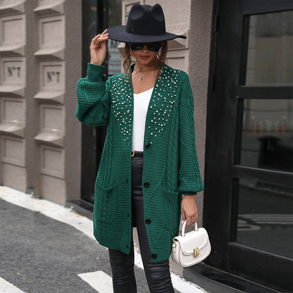 Women Clothing Dark Green Knitwear Autumn Winter Mid Length Beaded Sweater Cardigan Coat