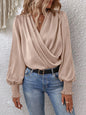 Women Elegant Women V neck Smocking Lantern Sleeve Office Women Solid Color Shirt