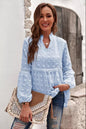 Spring Summer Loose V neck Lantern Sleeve Long Sleeve Pullover Shirt Chiffon Jacquard Solid Color