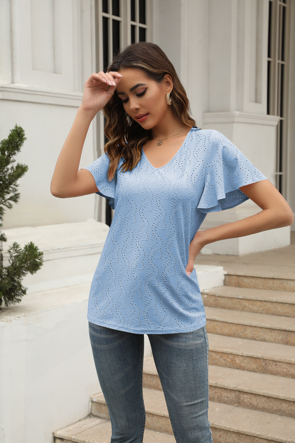 Women Clothing Women Tops Hollow Out Cutout out V neck Pleated Ruffle Sleeve Casual T shirt