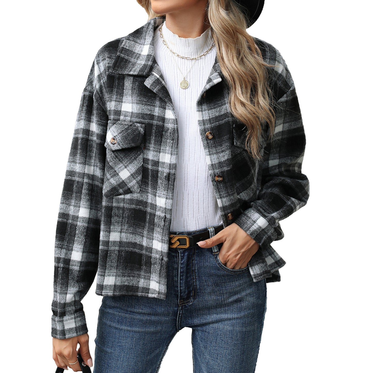 Autumn Winter Long Sleeve Loose Pockets Plaid Top Coat Women