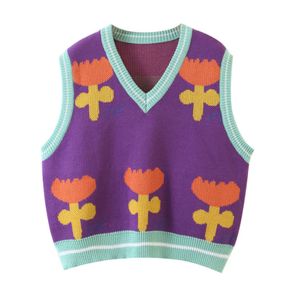 Women Clothing V Collar Contrast Color Youthful Looking Knitted Sweater Vest