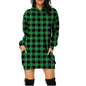 Women Printed Plaid Mid Length Pocket Hooded Long Sleeve