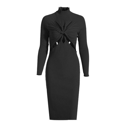Design Sexy  Cutout Twisted Knitted Dress Autumn Half Turtleneck Slim Fit Slimming Long Sleeves Dress